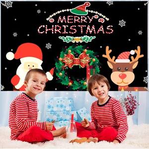 Merry Christmas backdrop featuring Santa and reindeer with children in festive setting