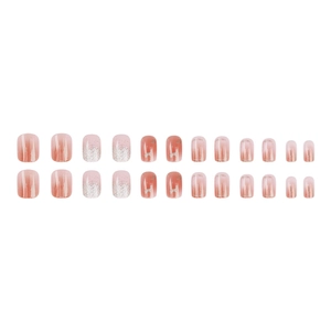 Pink gradient short press-on nails with silver glitter and animal silhouette patterns
