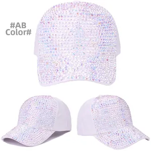 Detail of white baseball cap showing AB color rhinestones from front and side views