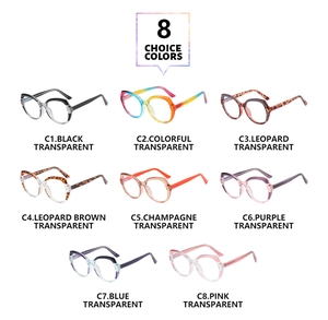 Detailed catalog showing eight color variants of polygonal cat-eye TR90 glasses frames