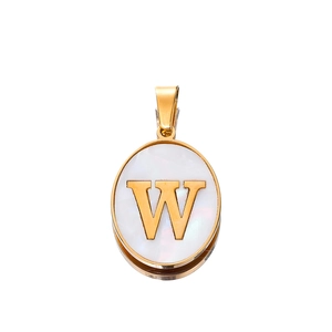 Detail of a 22mm golden oval pendant with letter W and white mother of pearl inlay