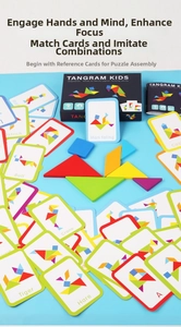 Detailed view of colorful wooden tangram puzzles with 60 flashcards and storage box