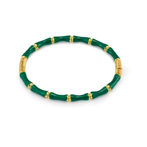 Bamboo style gold and dark green enamel bangle with a secure snap closure for women