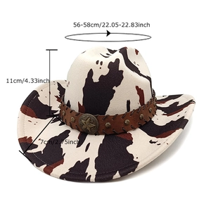 Cow print western cowboy hat with leather star band and 56-58cm sizing measurements
