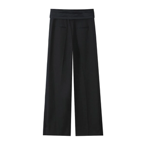 Pantalon de costume noir chic à taille haute et jambes larges pour femmes en tissu fluide