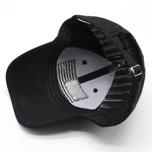 Black cotton baseball cap with embroidered flag interior and adjustable metal buckle