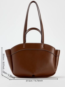 Detailed view of brown leather tote bag with white stitching and dimension measurements