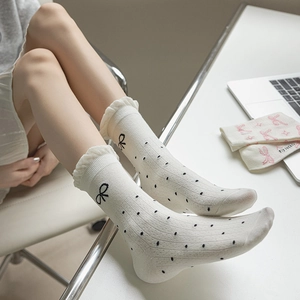 White crew socks with black polka dots, bow embroidery and elegant ruffled lace trim