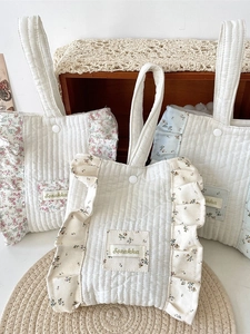 Quilted Floral Handbag Frill Ruffle Trim Pastoral Style Padded Tote Bag For Women Sweet Korean Style
