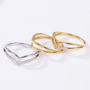 V Shaped Double Layer Ring Titanium Steel Micro Pave Cubic Zirconia Geometric Fashion Jewelry For Women Elegant