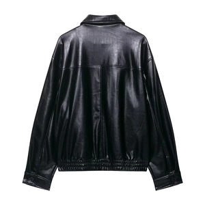 Classic black faux leather aviator jacket for women with elastic waist, back view