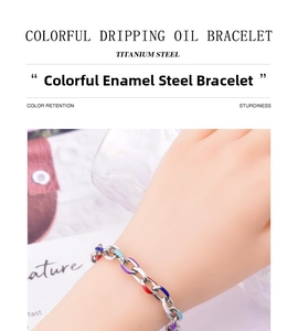 Detail of titanium steel chain bracelet with colorful oil drip enamel on model wrist