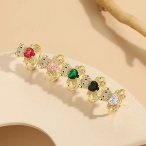 Light Luxury Bear Heart Zirconia Adjustable Open Ring 14K Gold Plated Copper Ring For Women Party Commute Jewelry