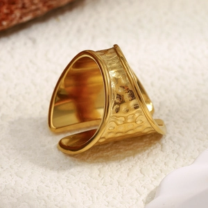 18K gold plated stainless steel wide ring with hammered texture and open adjustable band