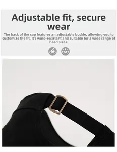 Detail of adjustable metal buckle on black cotton cadet cap for custom head fit