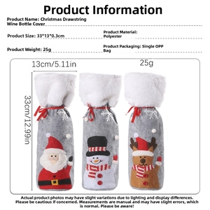 Detailed size chart showing Christmas wine bottle covers with Santa, snowman and elk designs