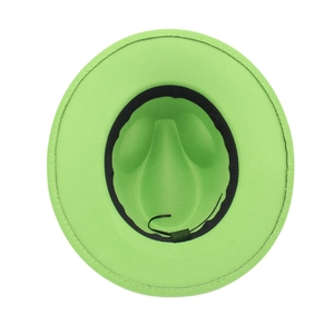 Internal view of neon green felt hat showing black sweatband and adjustable drawstring