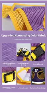 Detail view of breathable mesh vest dog harness with D-rings and reflective safety strips