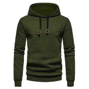 Men's army green hooded sweatshirt featuring unique waffle knit texture on white background