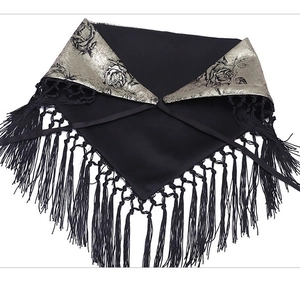 Vintage gothic black triangle sash with gold rose print and long decorative tassels