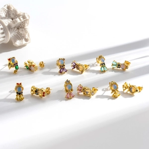 Little Fish Stud Earrings Copper Gold Plated Multicolor Zircon Opal Geometric Jewelry For Women Girls Daily Fashion Niche Small