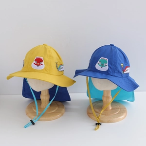 Kids Quick Dry Sun Hat With Neck Flap Cartoon Train Embroidery Outdoor Bucket Hat For Boys Girls Adjustable Wind Cord
