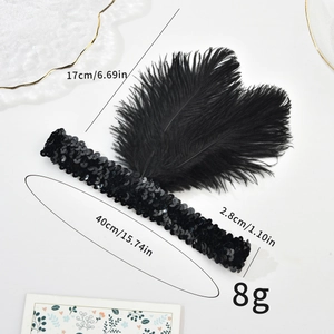 Detailed size parameters of 1920s black feather headband with sequins for flapper party