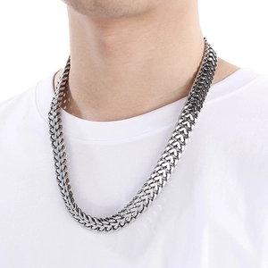 Polished stainless steel men's Franco link chain necklace with geometric weave texture
