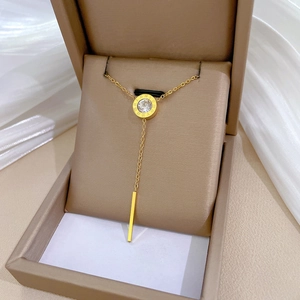 Y Necklace Titanium Steel Roman Numerals Crystal Disc Bar Tassel Pendant Clavicle Chain Minimalist Fashion Jewelry For Women