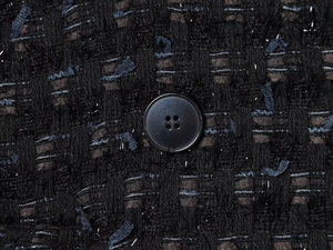 Detailed close-up of metallic tweed fabric texture and a round four-hole button on the blazer