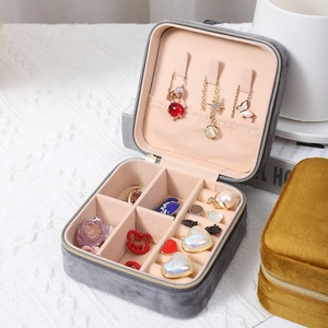 Portable vintage gray velvet jewelry box organizer with multi-compartment storage