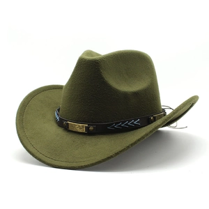 Detail of army green wool cowboy hat featuring a black leather belt with golden metal studs