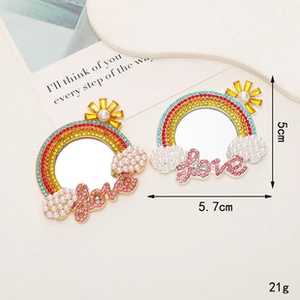 Detailed view of rainbow pendant with rhinestones and pearls, size 5.7cm x 5cm
