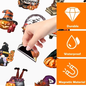 Detail of waterproof magnetic Halloween gnome stickers for fridge and garage door