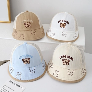 Breathable mesh baby sun hat with cute bear embroidery and wide brim in four colors