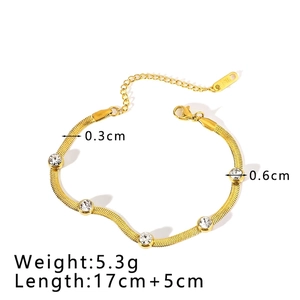 Detail view of gold stainless steel snake chain with clear zircons and size measurements