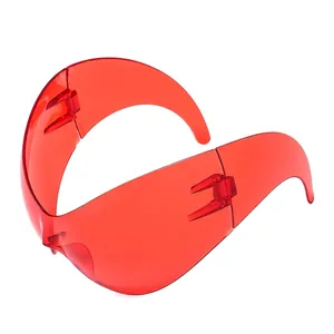 Futuristic Y2K red transparent wrap-around sunglasses with a sleek curved shield design