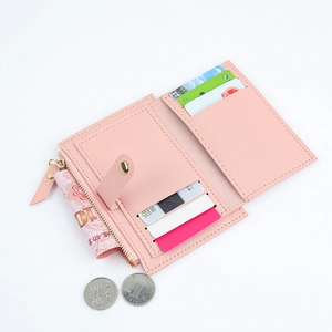 Minimalist light pink short leather wallet for women with multiple card slots and zipper