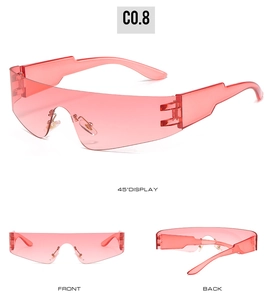 Three-view display of pink rimless Y2K punk sunglasses showing 45-degree and front angles