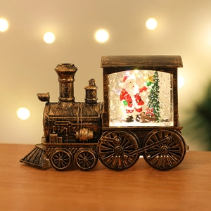 Detailed macro view of vintage bronze Christmas train lantern with glowing Santa interior