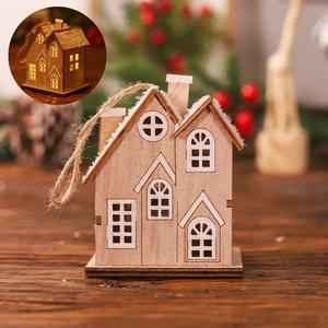 Lighted wooden Christmas house hanging ornament with warm LED light and snow roof decor