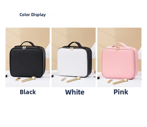 Waterproof leather makeup cases in black, white, and pink with textured finish and gold zippers
