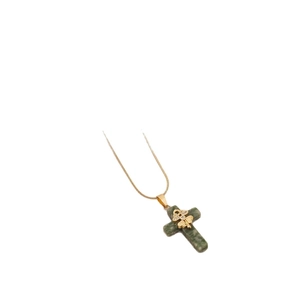 Exquisite gold chain necklace with green natural stone cross pendant and crystal bow detail