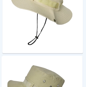 Détails du chapeau de soleil beige avec évents métalliques et cordon de serrage réglable