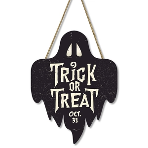 Halloween black ghost wood door sign with white Trick or Treat text and twine hanger
