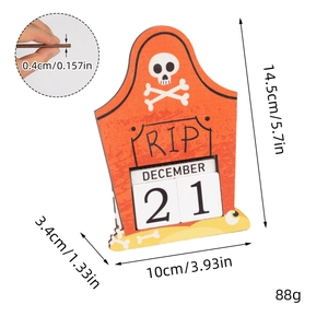 Detailed dimensions of Halloween tombstone countdown calendar in orange and white wood