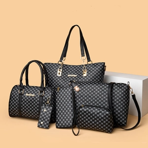 6-piece luxury printed handbag set including tote and crossbody bags in grey pattern