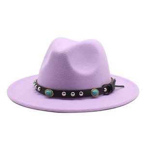 Detail of purple wool felt jazz hat with turquoise stones and silver studs on black leather band