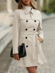 Trench-Coat Élégant À Double Boutonnage Pour Femmes Longueur Moyenne Ceinture À Nouer Revers Manches Longues Polyester