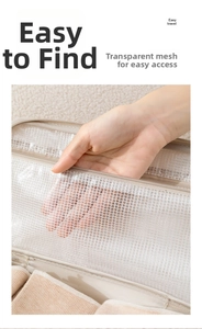 Detail of travel organizer mesh pocket showing high transparency for quick item finding